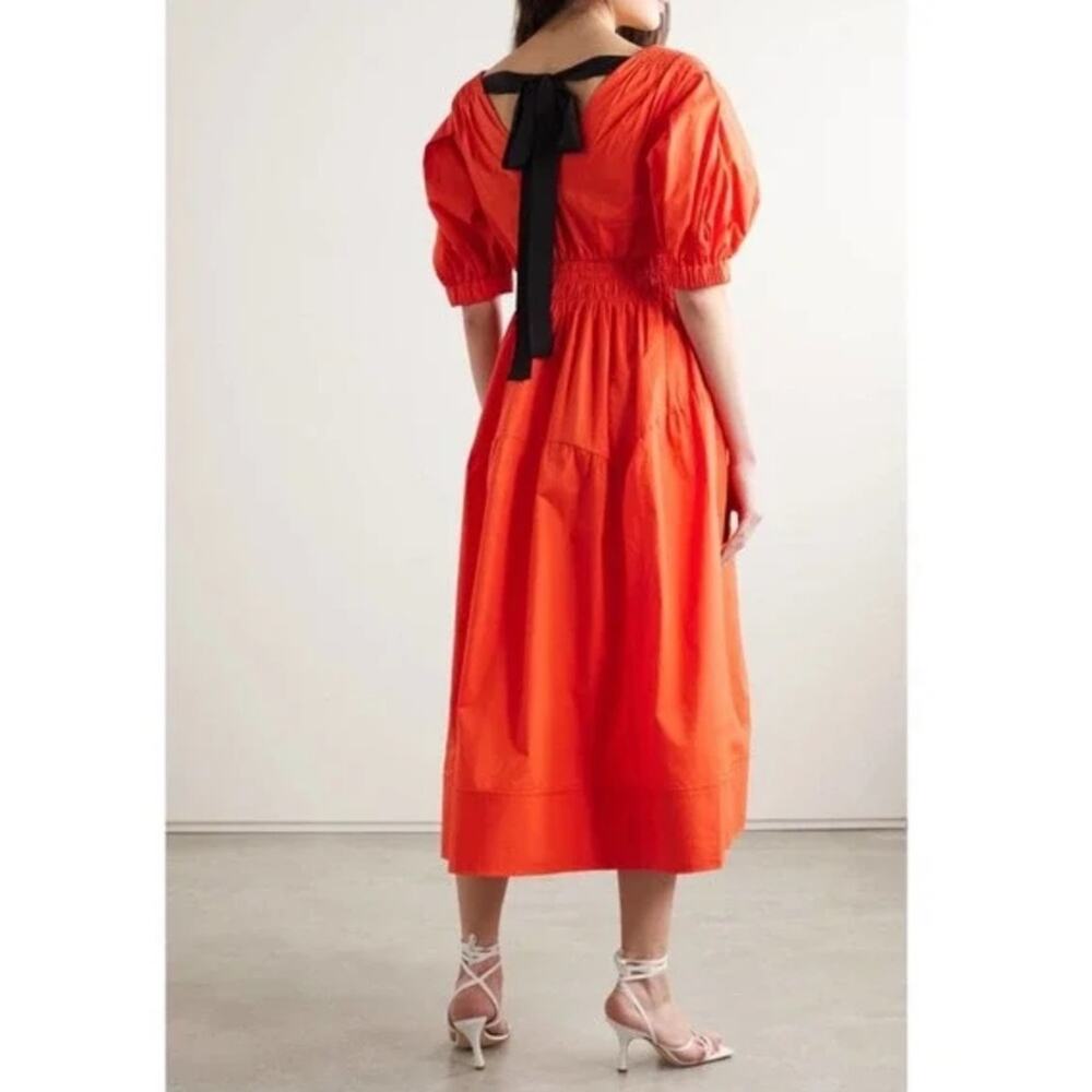NWT Self Portrait Orange Poplin Tiered Puff Sleeve Midi Dress Womens Size 2